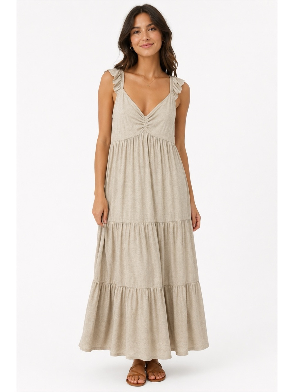 Mikey & Joey Cream Ruffle Straps Tiered Maxi Dress, Size L
